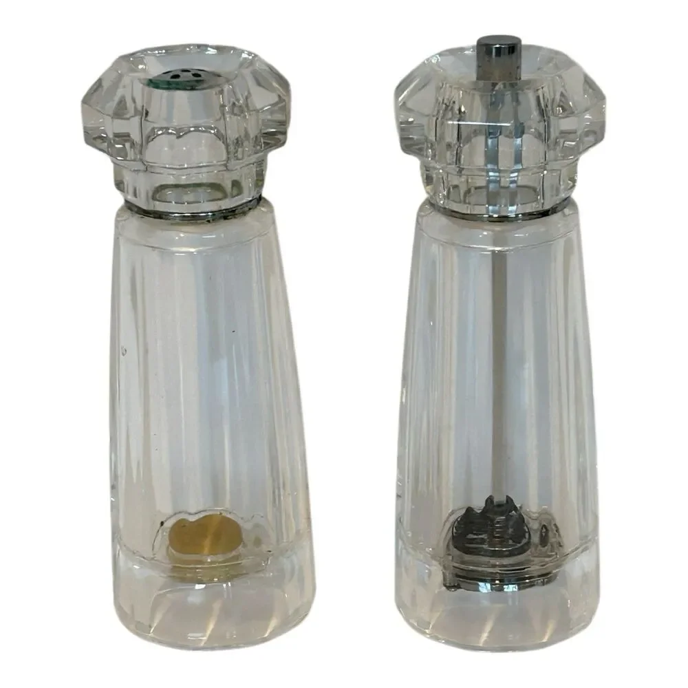 Vintage Mr Dudley Salt And Pepper Mill Set Clear Acrylic Lucite MCM 7”